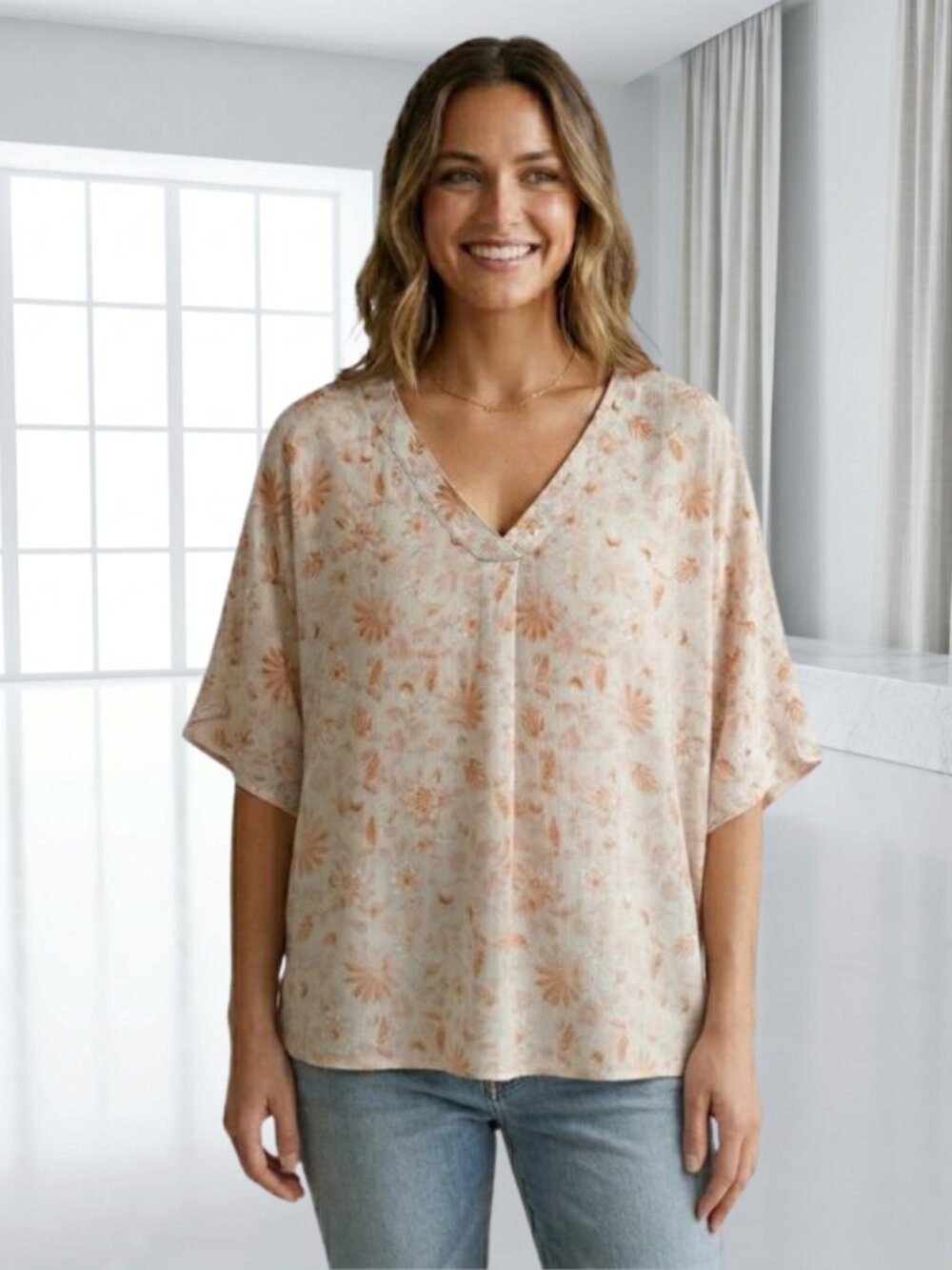Cotton Bleu Boho Floral Flowy Blouse Peach Tan Neutral Relaxed Top
